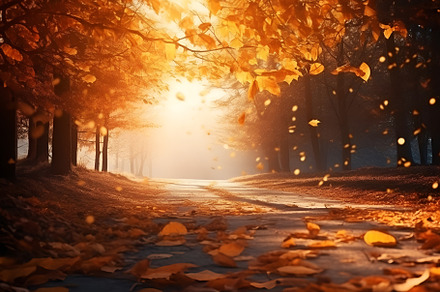 Falling yellow autumn leaves, trees with vibrant backlight from setting sun, a Nature Photo by Lenor4ik