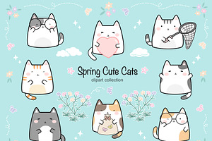 HELLO SPRING Cute Cat Clipart Set