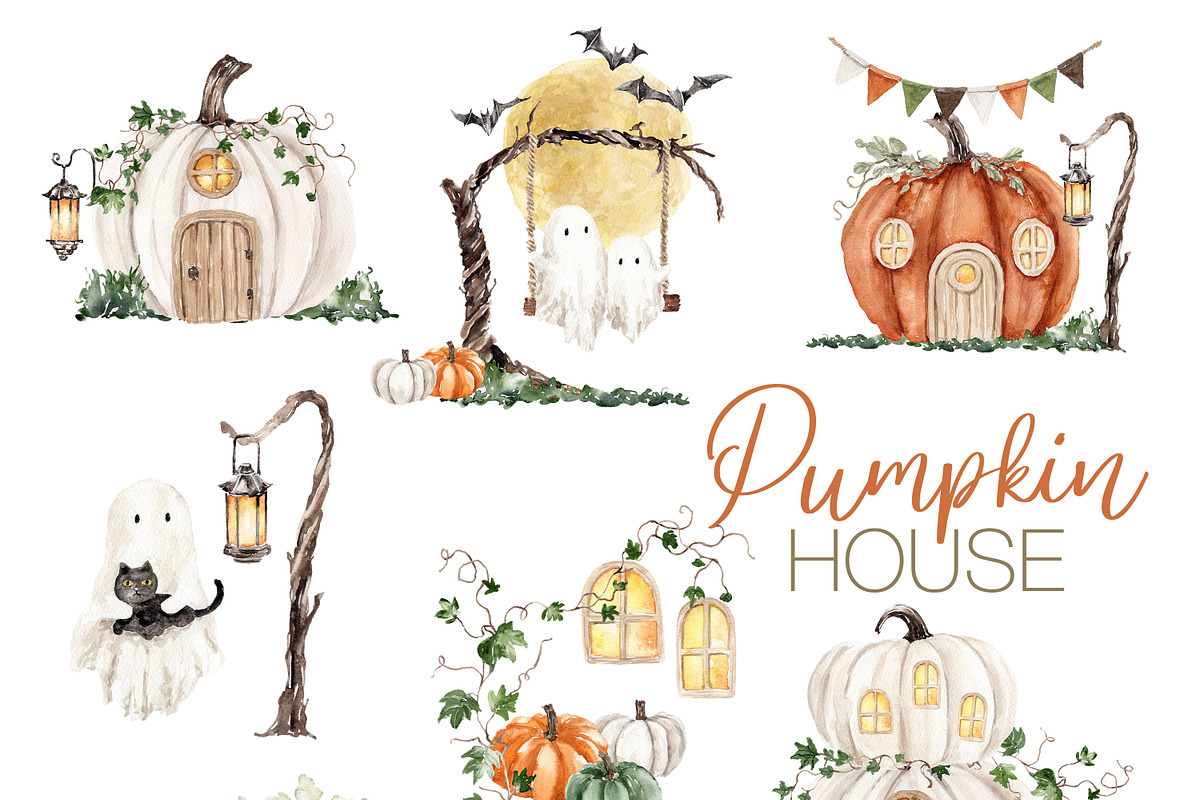 Pumpkin House Watercolor Clipart, a Decorative Illustration by Beigetime (Photo 4 of 13)