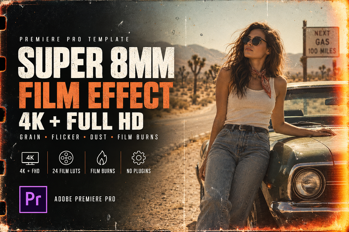 Super 8mm Premiere Pro 4K + FHD, a Plug-in Add-On by AAA Presets (Photo 1 of 3)