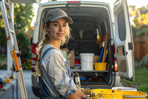 Painter loading paints and accessories into the work van before, a Person Photo by DanFLCreativo