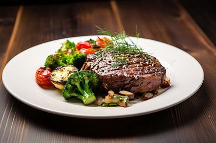 Grilled meat steak with vegetables in plate on wooden background, a Photo by AlyaAnd