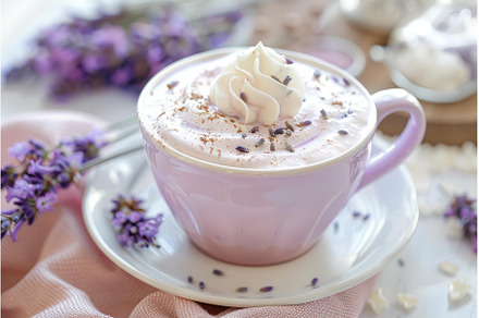 Lavender latte in a pastel cup with, a Food & Drink Photo by Ylivdesign