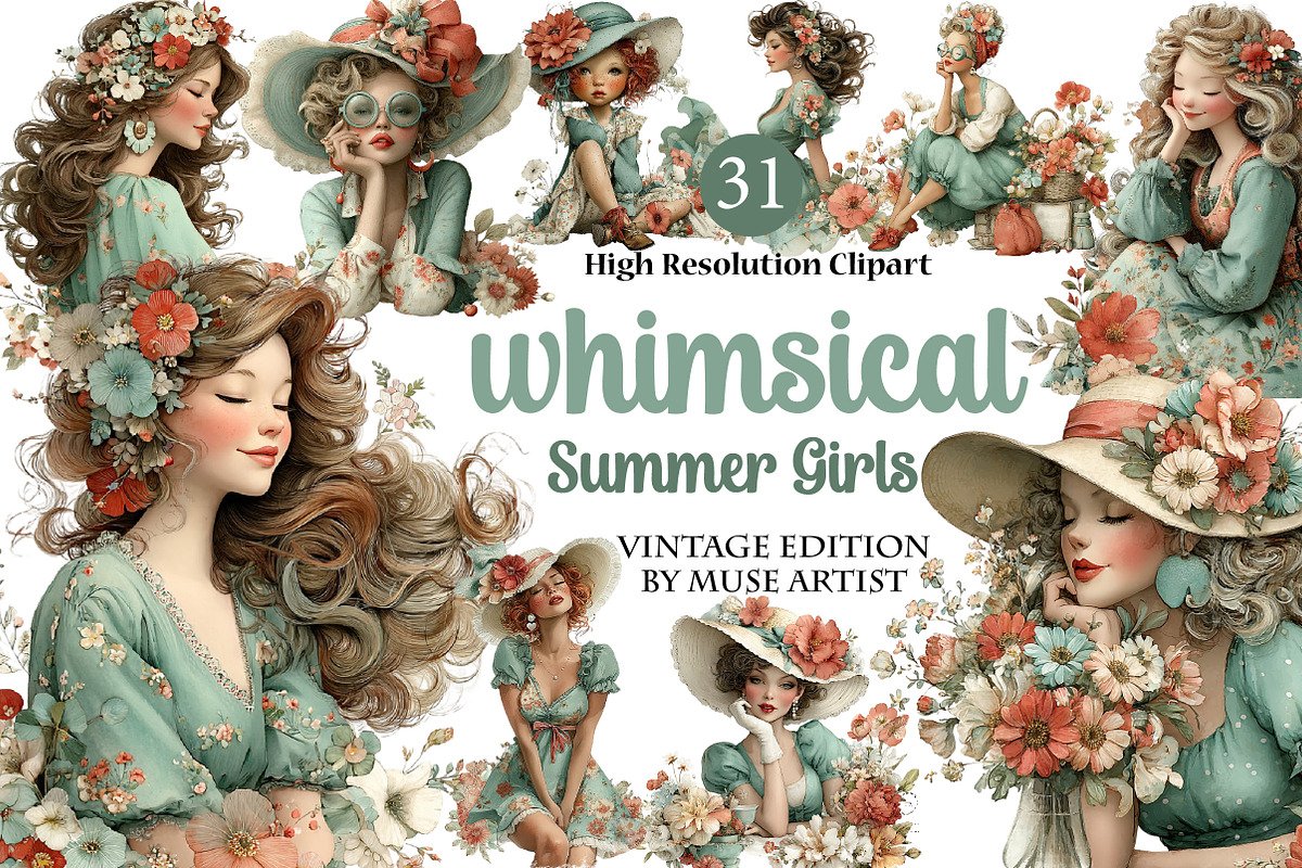 Whimsical Summer Girls Clipart, an Illustration by DreamArtGraphic (Photo 1 of 5)