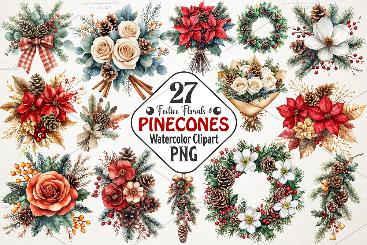 Festive Florals & Pinecones Clipart, an Illustration by RobertsArt (Photo 1 of 6)