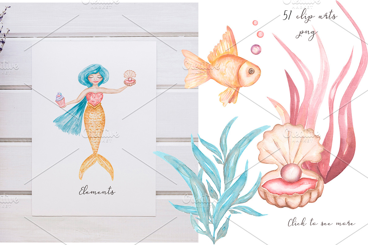 Watercolor Mermaid Collection, an Animal Illustration by MayaNavits (Photo 3 of 15)