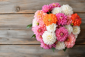 Vibrant dahlia bouquet featuring shades of pink, orange, and white on wooden su, a Nature Photo by AlyaAnd