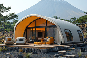 Modern glamping on the background of volcano slope, an Architecture Photo by AlyaAnd