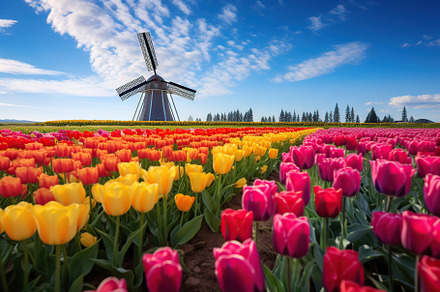 Field of beautiful colorful tulips and old wooden windmill, a Nature Photo by AlyaAnd