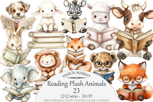 Watercolor Reading Plush Animals Cli, a Seasonal Illustration by Design Market