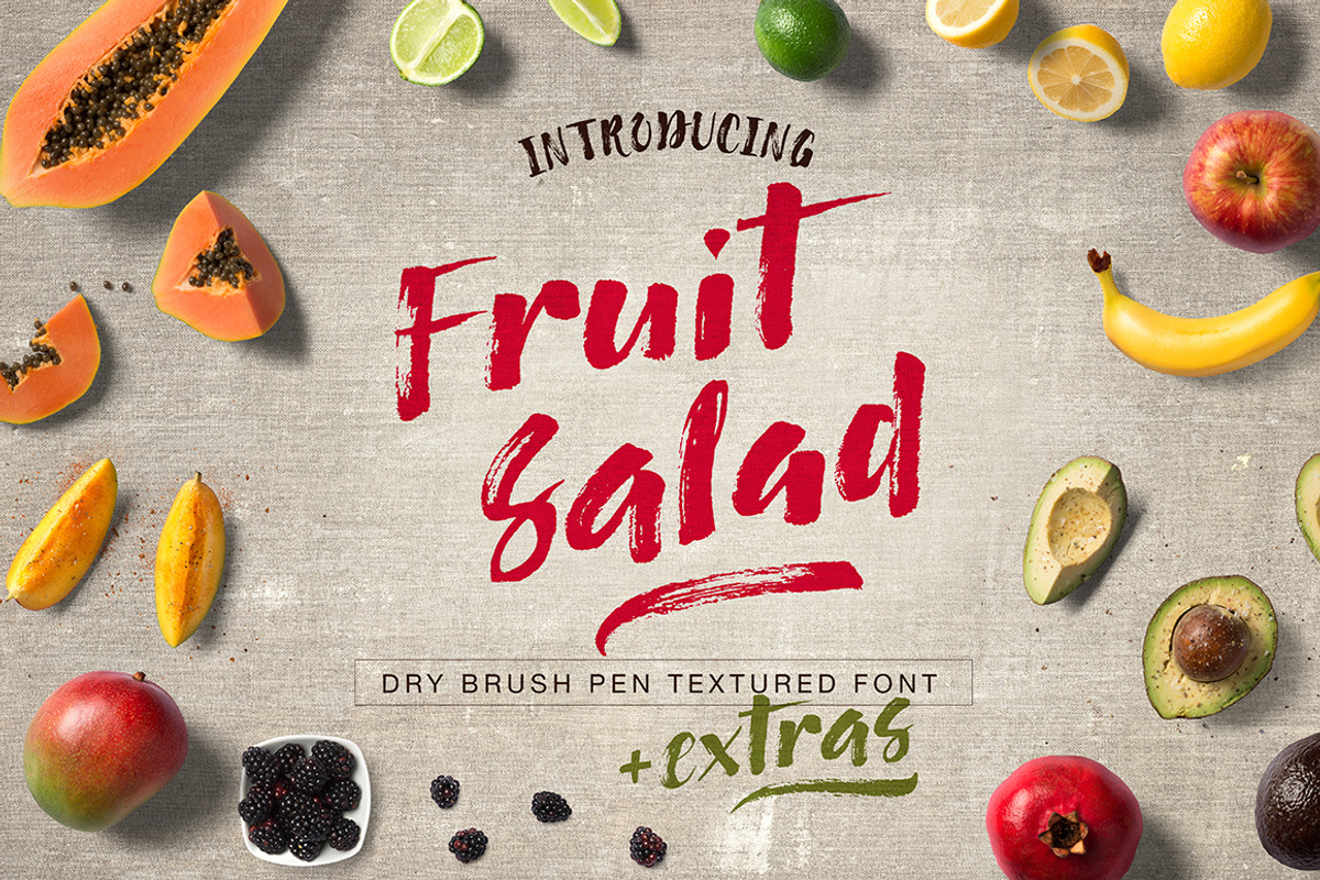 Fruit Salad Brush Font + Extras, a Script Font by milenabdesign (Photo 1 of 10)