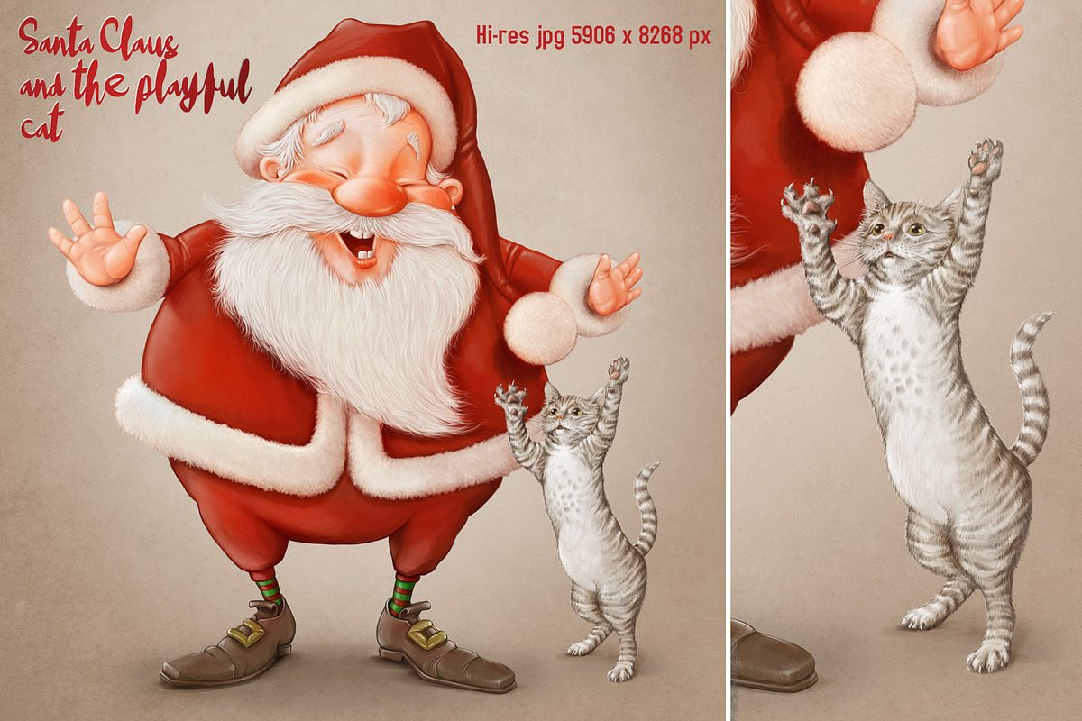 Santa Claus and the playful cat, a Seasonal Illustration by Giordano Aita Graphics