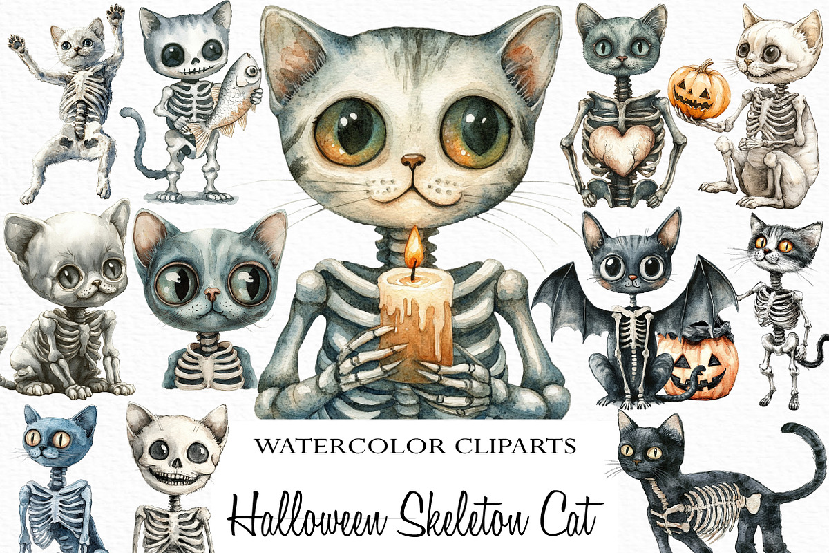 Halloween Skeleton Cat Clipart, an Illustration by Craft Nest (Photo 1 of 6)