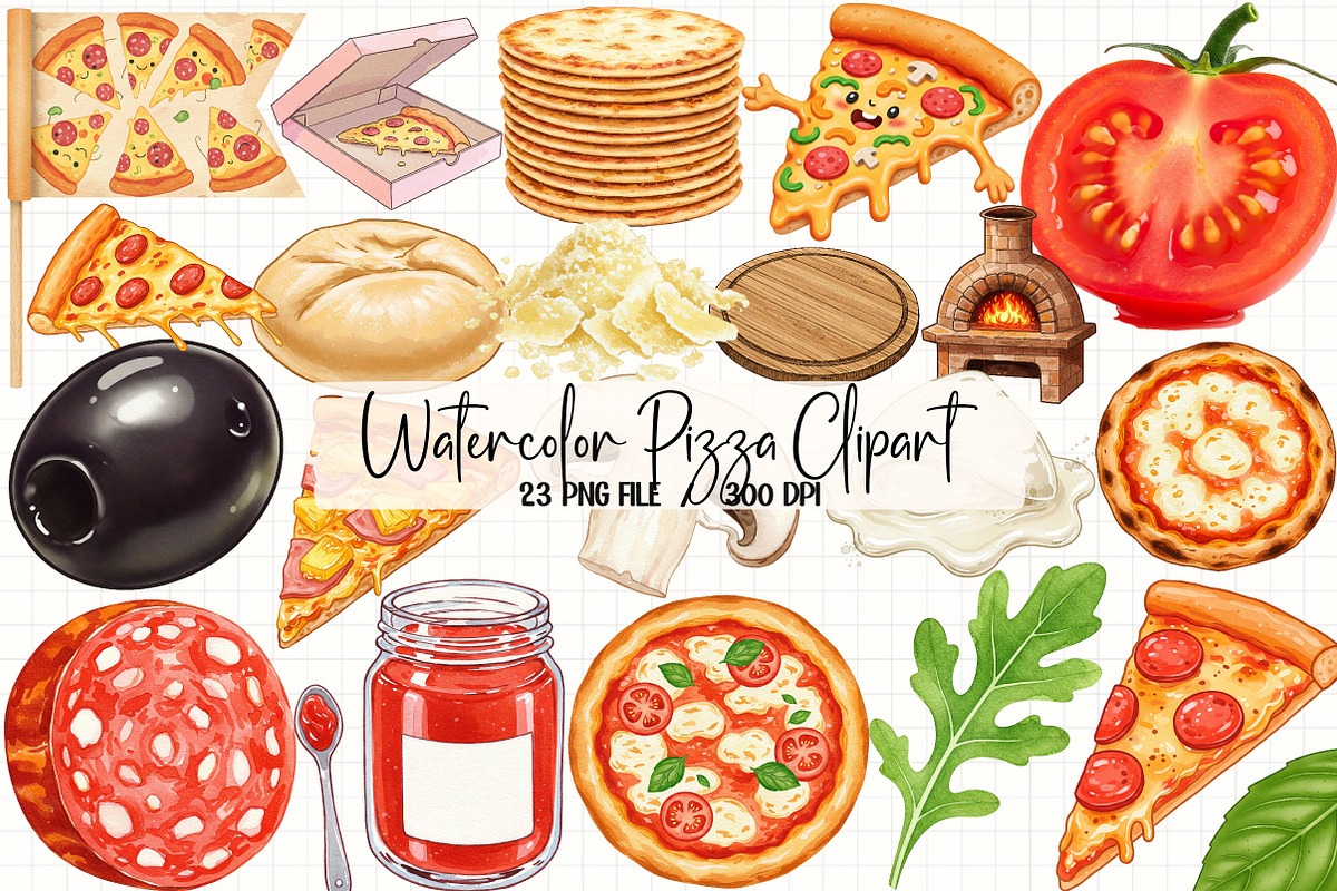 Watercolor Pizza Clipart, an Illustration by Libby Wishes (Photo 1 of 4)