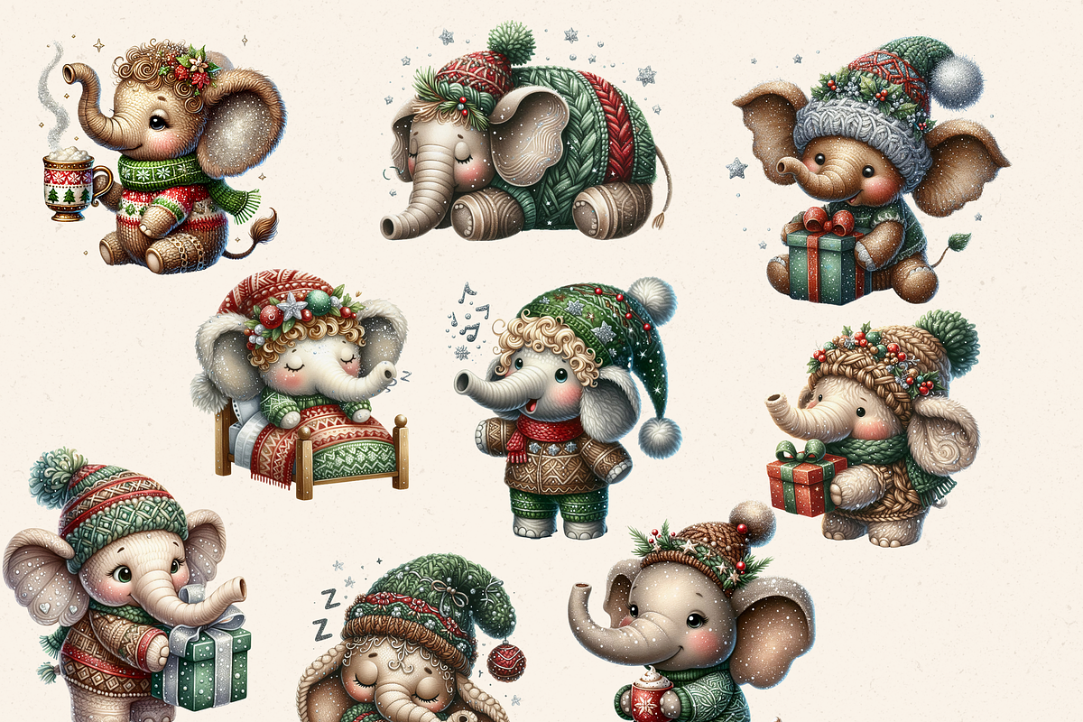 CHRISTMAS ELEPHANT CLIPART PACK, a Seasonal Illustration by Daring Digies (Photo 2 of 9)