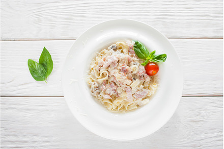 spaghetti carbonara white wooden, a Food & Drink Photo by Photo Drive Studio