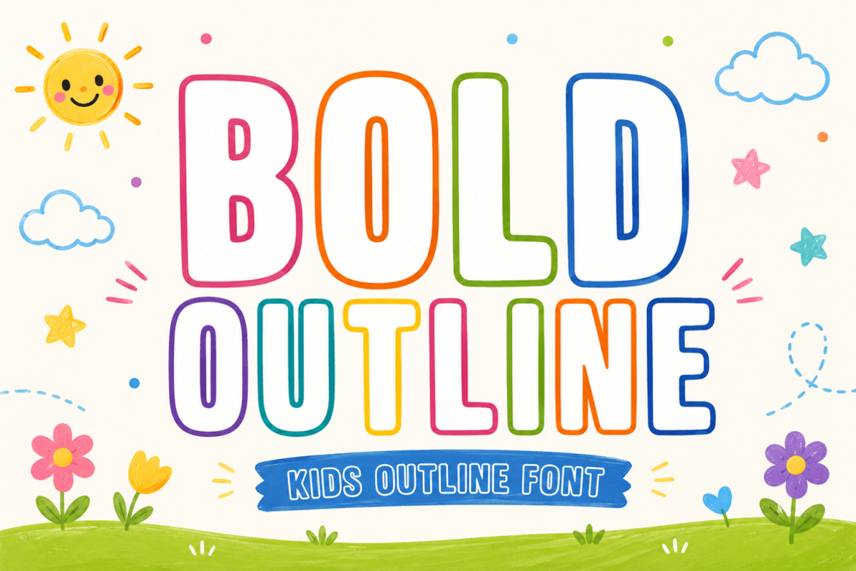 Bold Outline - Kids Display Font, a Sans Serif Font by KiddoGlyphs Studio (Photo 1 of 3)