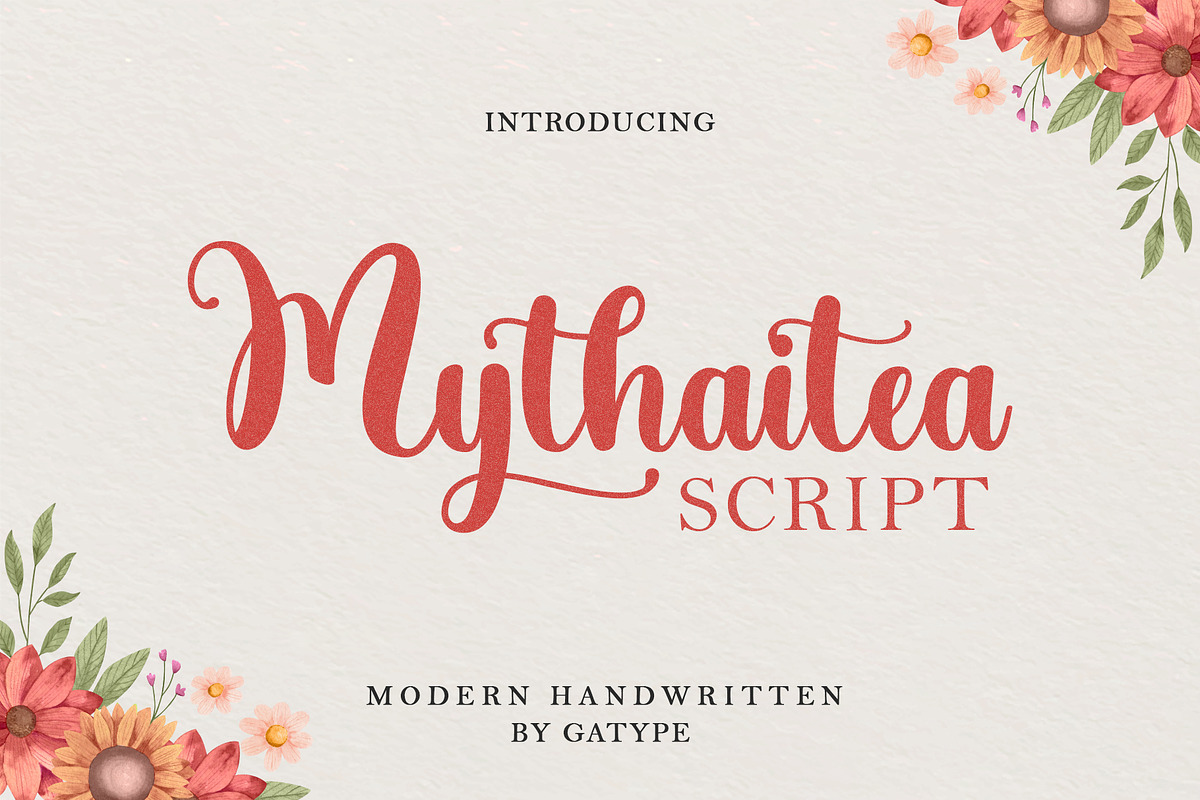 Script Mythaitea, a Script Font by Gatype (Photo 1 of 8)