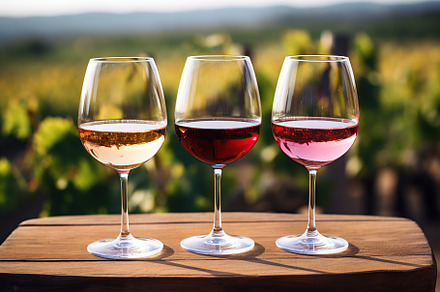 Glasses of red, white and pink wine on vineyard background, a Food & Drink Photo by AlyaAnd