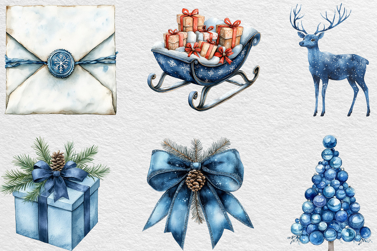 Watercolor Blue Christmas Clipart, an Illustration by Black Bird Studio (Photo 4 of 6)
