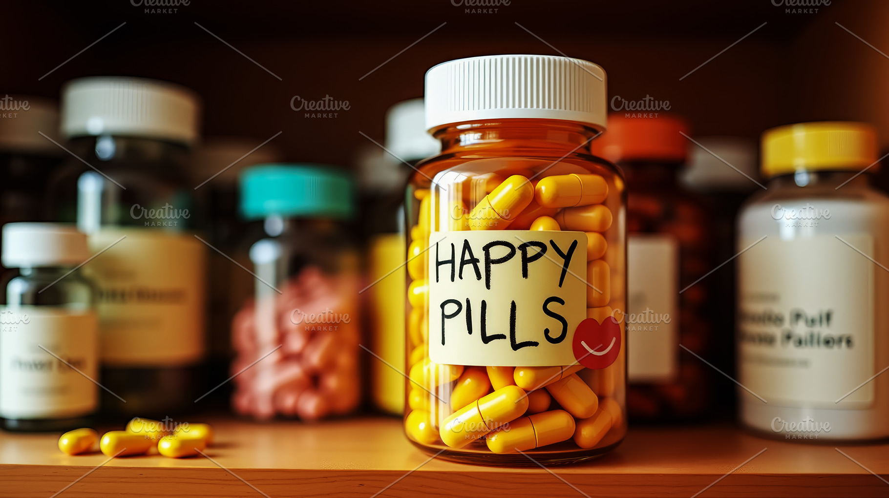 Bottle of yellow Happy Pills capsu, a Health & Medical Photo by Perpis