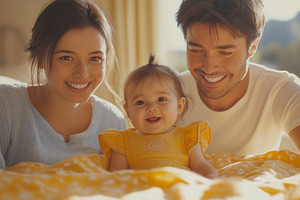A joyful mixed-race family of three, including a smiling baby girl, enjoying qu, a Person Photo by ImageMir