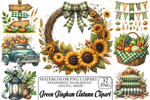 Green Gingham Autumn Clipart, an Illustration by DreamPrint404