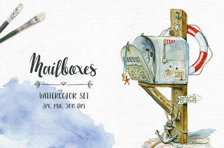 Mailboxes. Watercolor Hand drawn Set