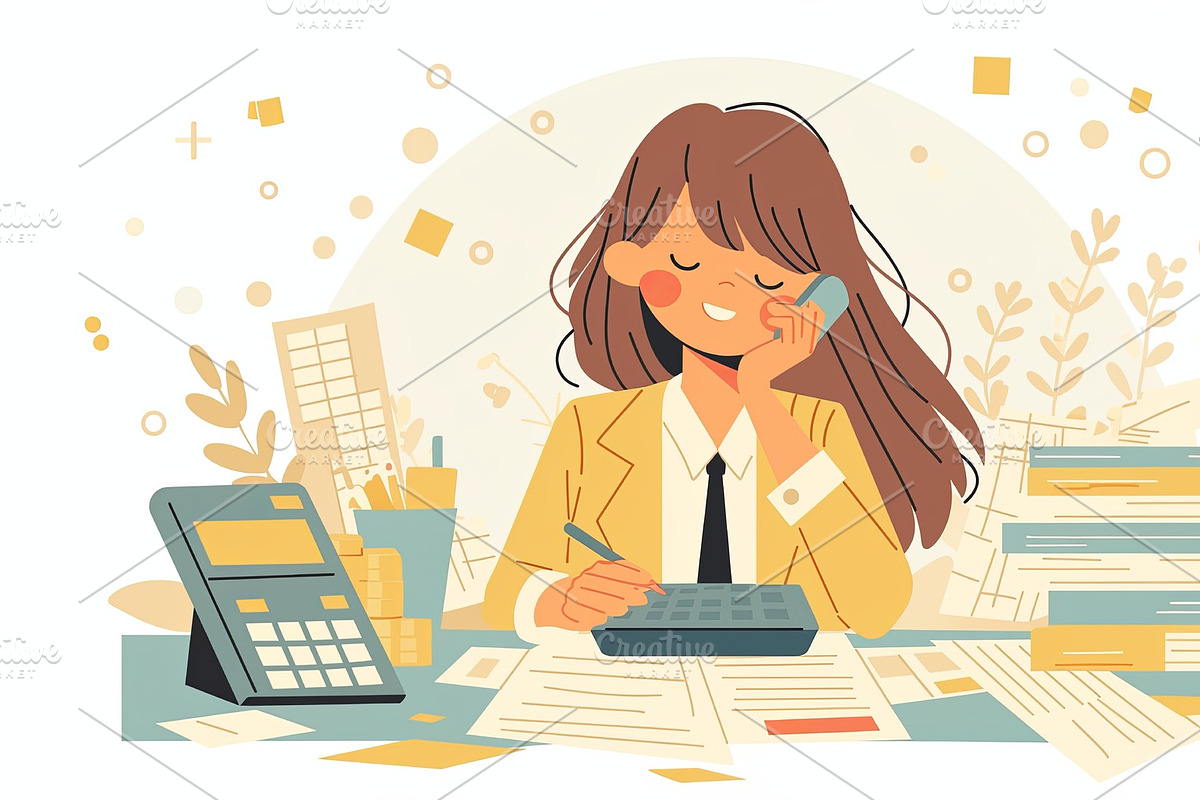 Young woman managing finances while multitasking in office environment, an Illustration by AS photostudio