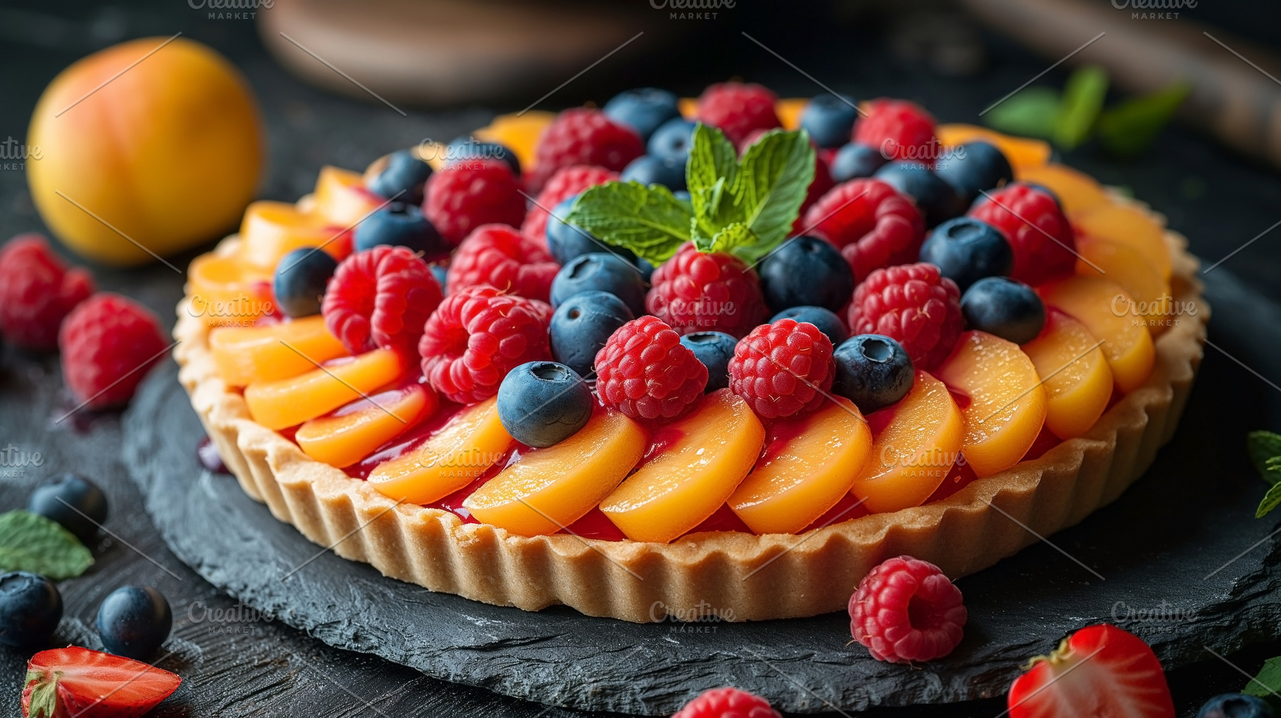 Delicious fruit tart topped with fresh peaches, raspberries, and, a Food & Drink Photo by ImageMir