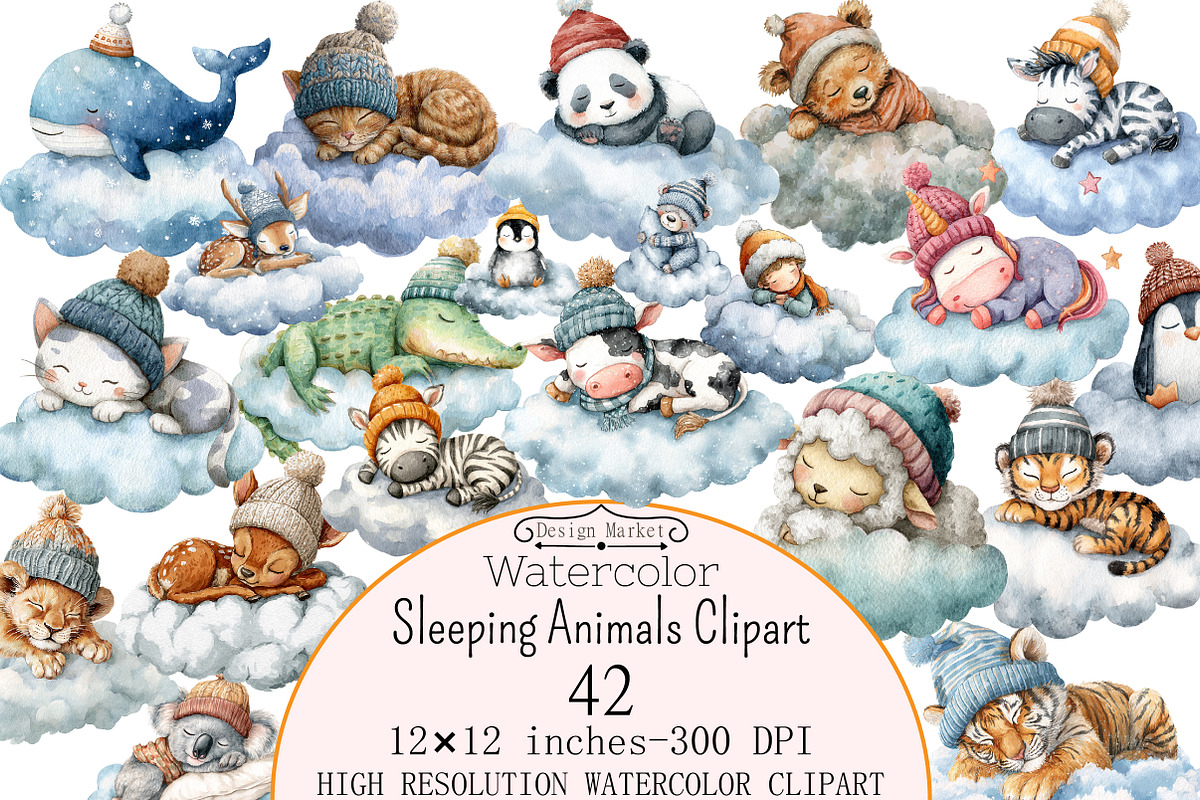 Watercolor Sleeping Animals Clipart, a Seasonal Illustration by Design Market (Photo 1 of 5)