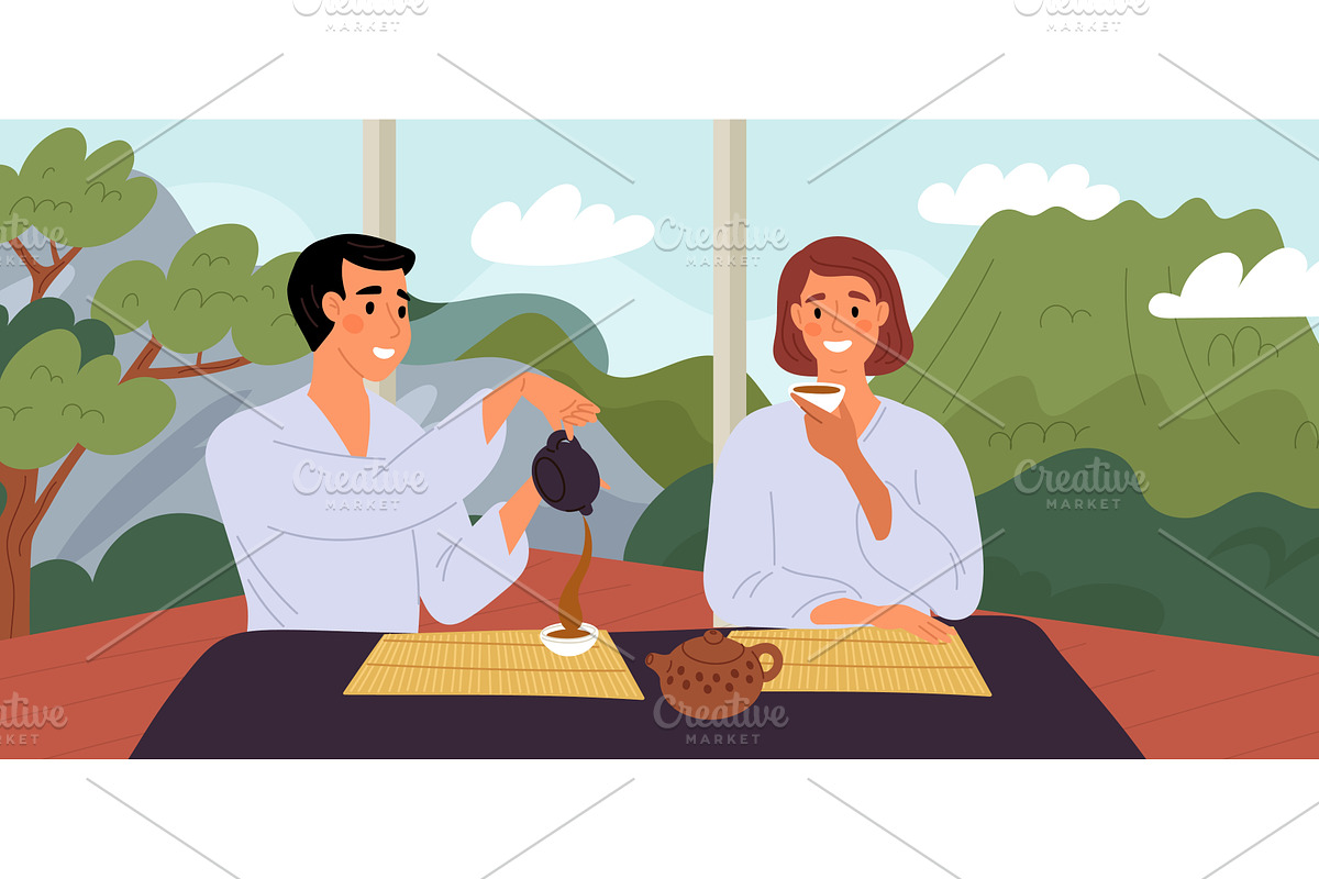 Man and woman drinking tea while, a Food Illustration by Vectorbuum