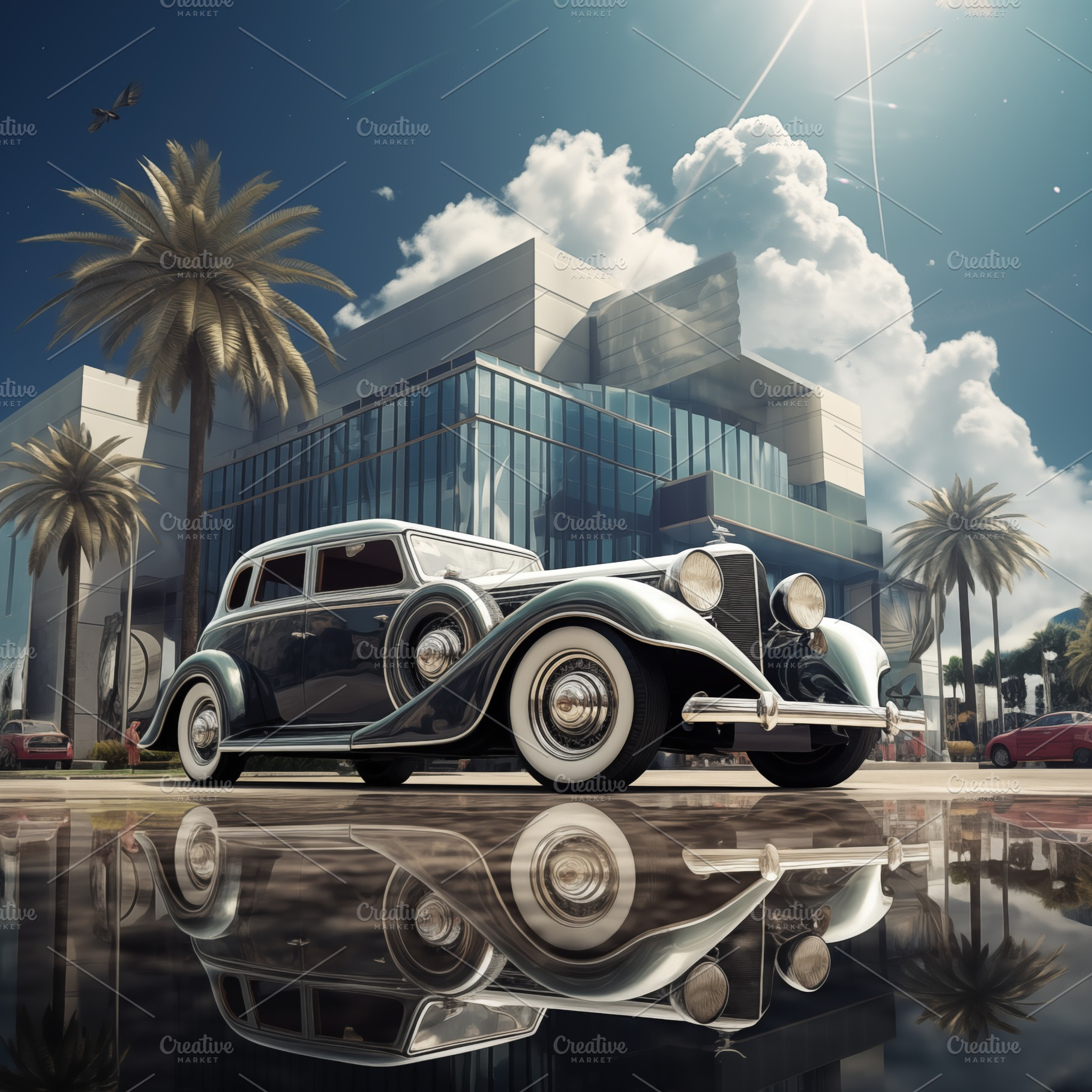 A vintage art deco car parked in front of a modern building, with palm trees an, an Arts & Entertainment Photo by Textures & Backgrounds