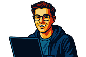 Smiling Young Man Working on Laptop, a Technology Illustration by AlexArt
