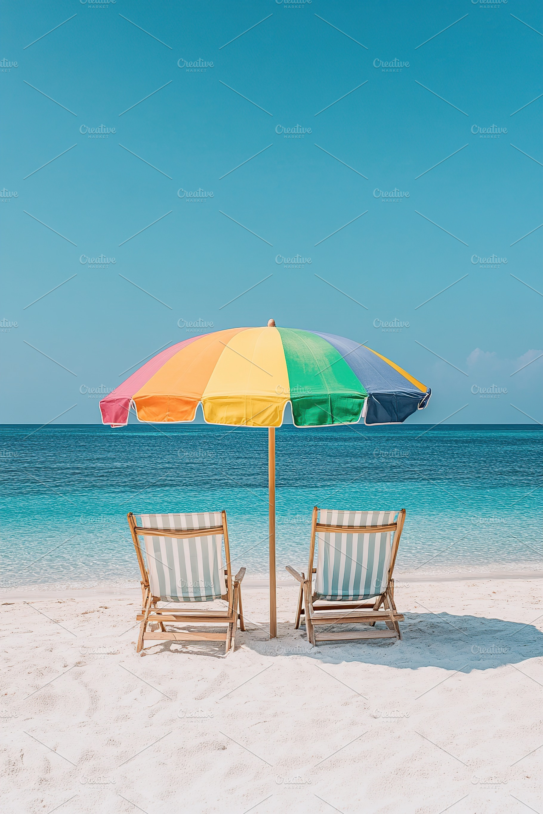 Relaxing beach setting with colorful umbrella and wooden chairs facing the tran, a Photo by AlyaAnd