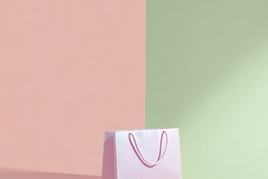 Pink shopping bag standing on a pink surface against a split pas, a Photo by Studio ANNA