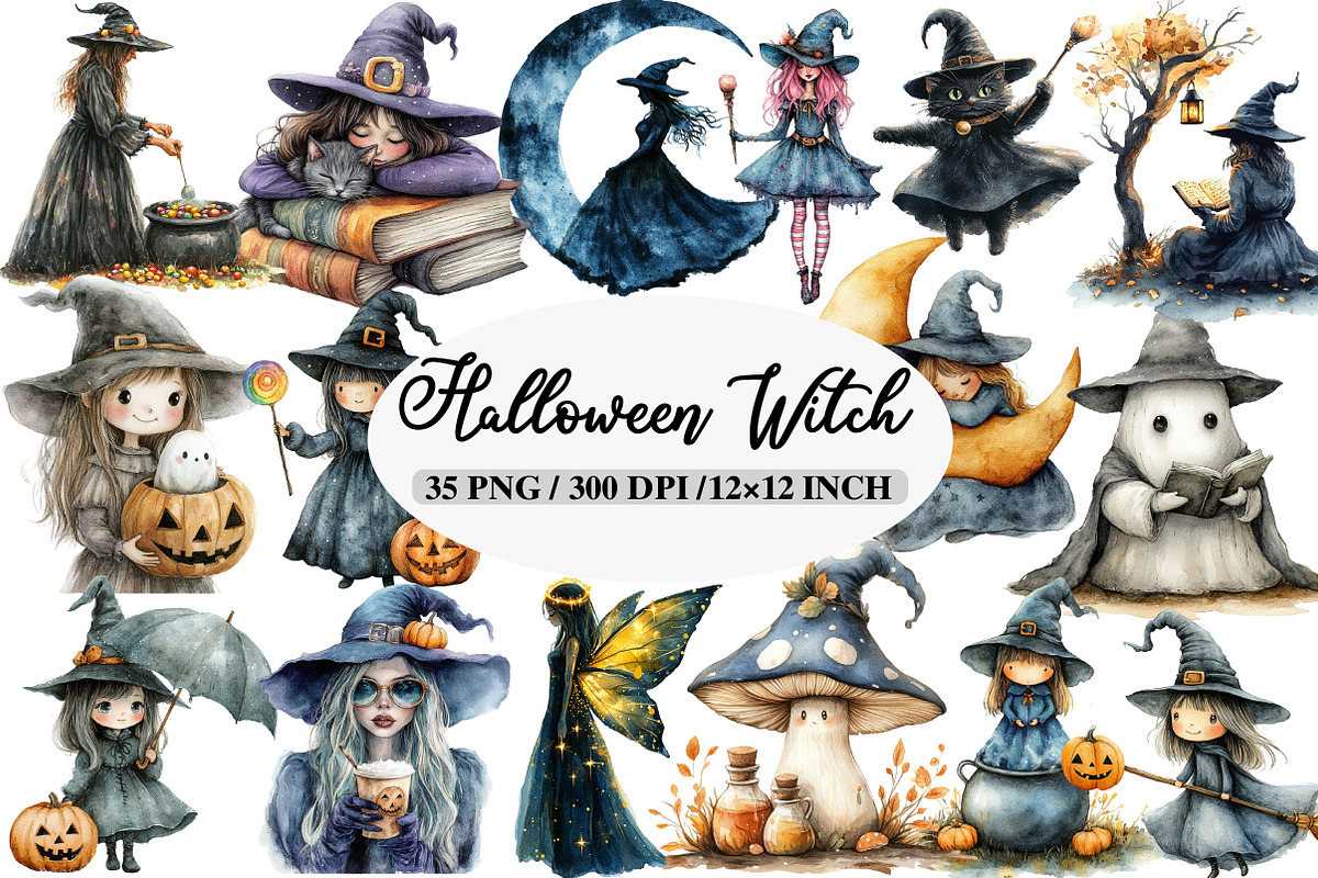 Watercolor Halloween Witch Clipart, an Illustration by Daily.Designs (Photo 1 of 5)