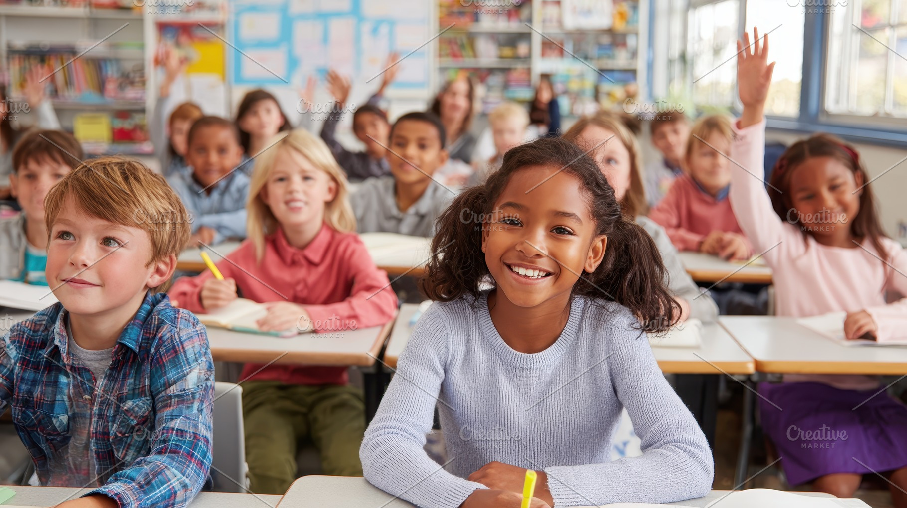 Happy Girl Raises Hand in Elementary, a Photo by Pixeness Studio