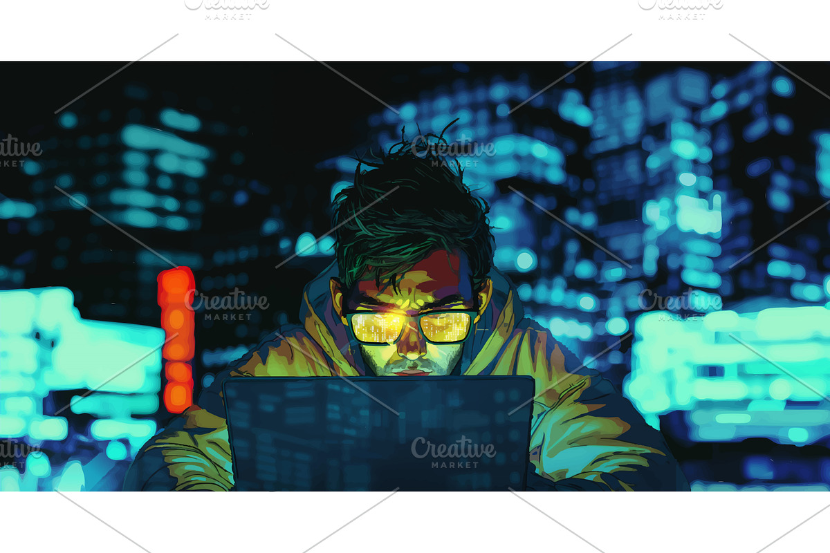 Hacker with code reflected in, a Technology Illustration by AlexArt