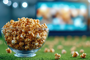Caramel popcorn showcased in a glass bowl on a table ready for s, a Food & Drink Photo by AlyaAnd
