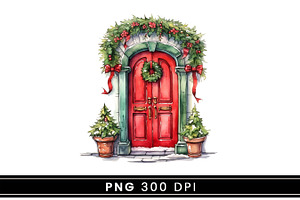 Watercolor Christmas Door Clipart