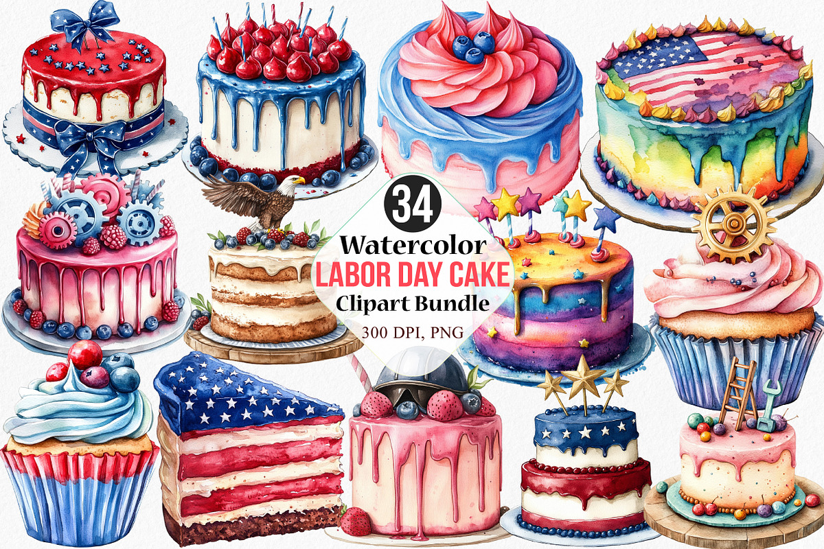 Watercolor Labor Day Cake Clipart, an Illustration by Canvas Craft (Photo 1 of 8)