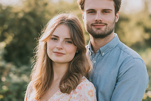 Young couple smiling, standing together outdoors during golden h, a Person Photo by Studio ANNA