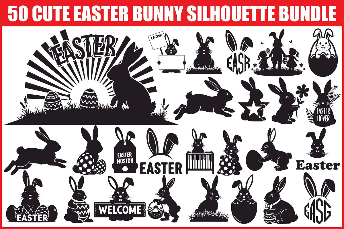 Cute Easter Bunny Silhouette bundle, an Illustration by Artivon (Photo 1 of 51)