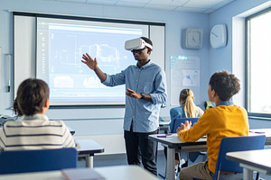 Student wearing AR glasses in a classroom symbolizing immersive, a School & Education Photo by DanFLCreativo