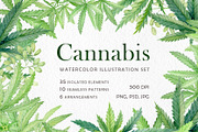 Cannabis watercolor set, an Illustration by svetodesign (Thumbnail 1 of 8)