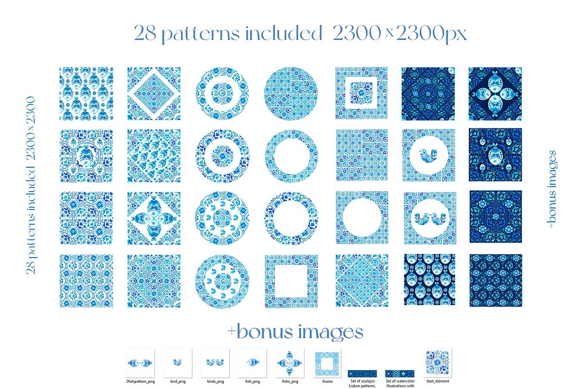 Watercolor blue tile patterns, a Decorative Illustration by Ojeny shop (Photo 7 of 8)
