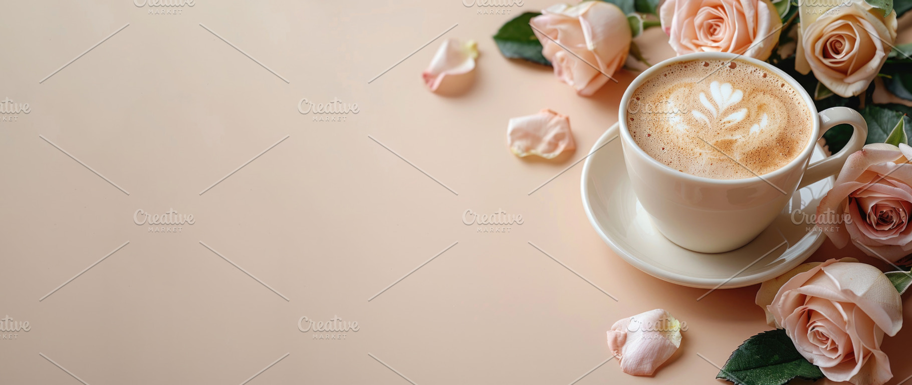 Latte coffee with roses romantic pastel background elegant lifes, a Holiday Photo by José Manuel Gelpi
