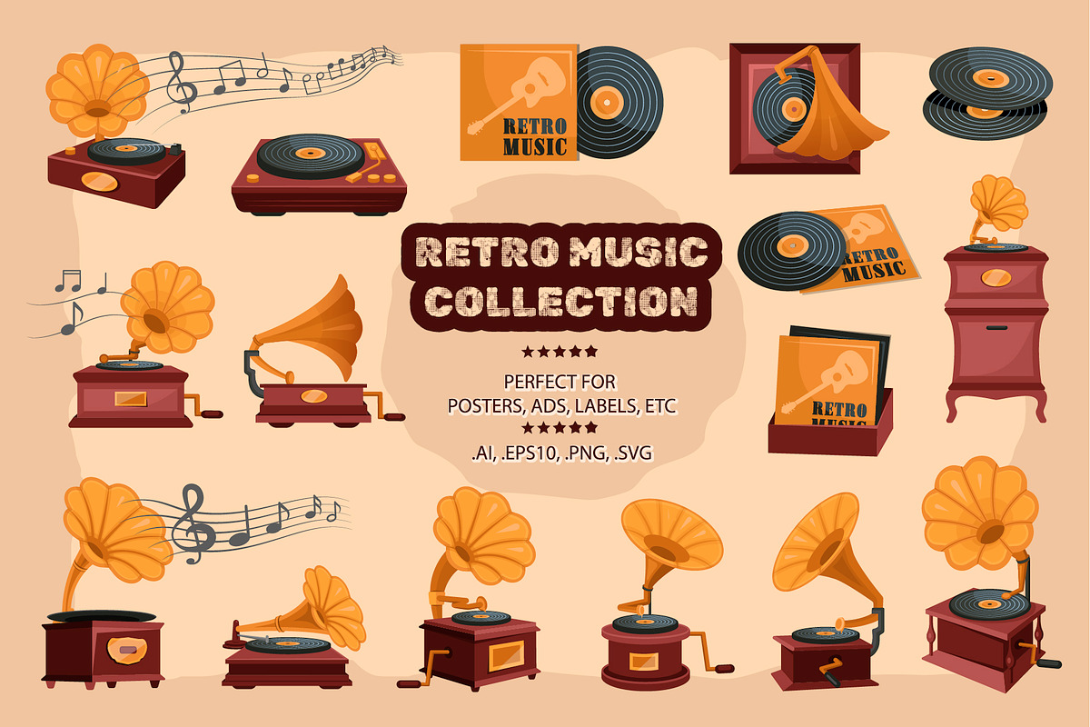 Vintage Gramophone. Vinyl Record Set, an Object Illustration by Lettering_Logo (Photo 1 of 3)