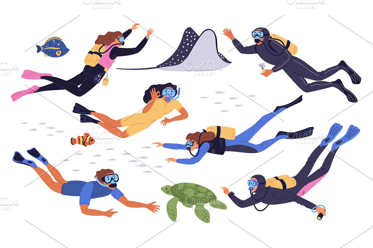 Diving people. Scuba divers with, an Animal Illustration by Vectorbuum